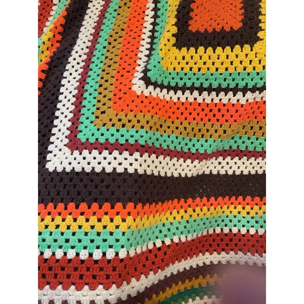Vintage MCM 1960s 1970s Afghan Granny Core Blanket Throw Handmade Crochet